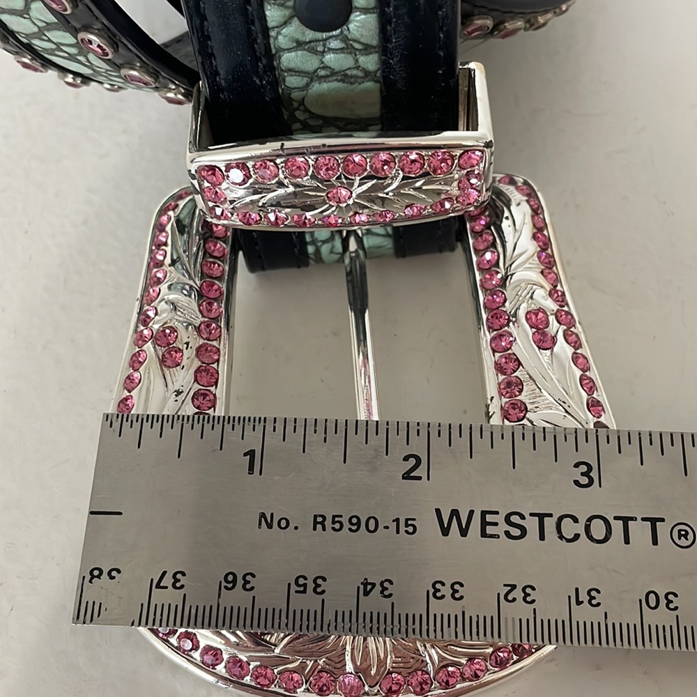 Woman’s Leather Belt Pink Rhinestone Silver color Buckle Cowgirl Country - Picture 4 of 12
